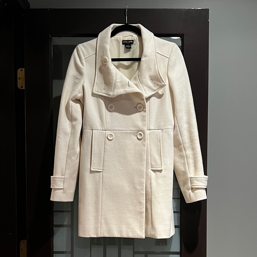 Guess Cream Double-Breasted Pea Coat